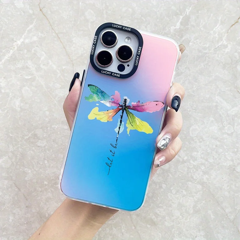 Color Dragonfly Print Picture Full-package  Shockproof Gradual Discoloration Phone Case For iPhone16 15 14 13 11 12 ProMax Cover