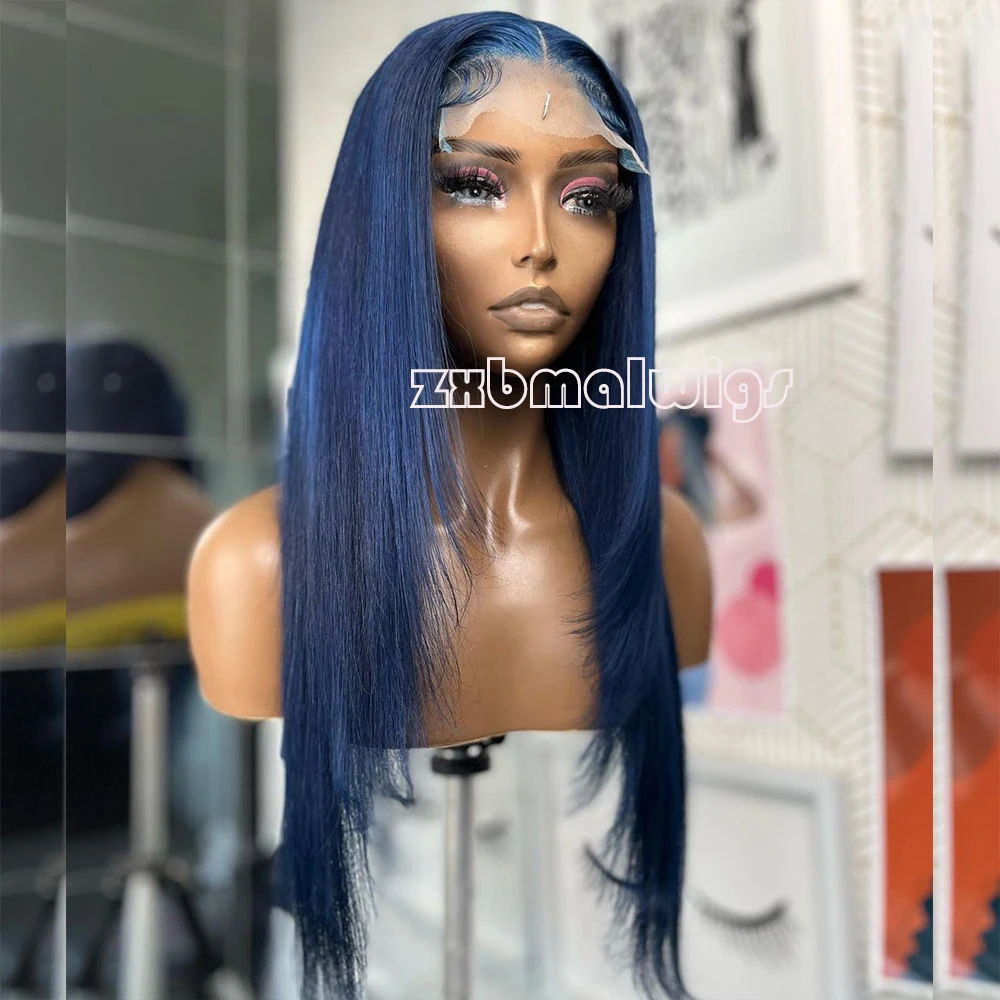 ZXBMALWIGS Synthetic 13X4  Straight Navy Blue Color Hair Lace Front Wigs for Women Glueless Cosplay Hair Heat Resistant Fiber
