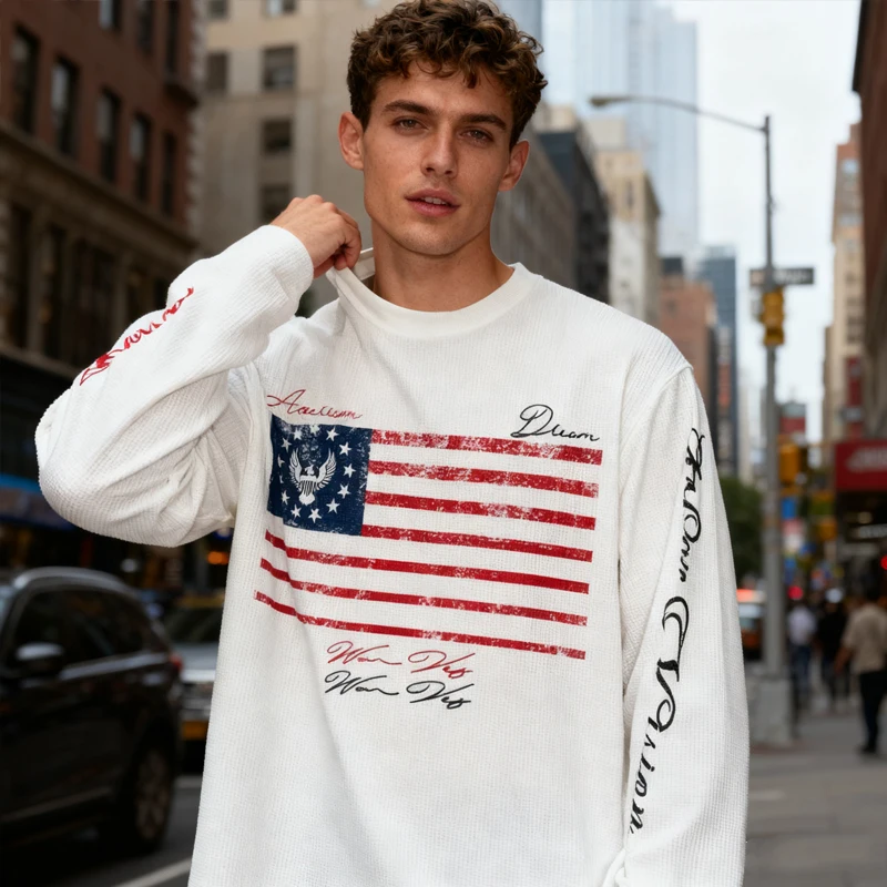 Autumn and winter new oversized national flag pattern American street long sleeved men's waffle sports shirt street wear retro h
