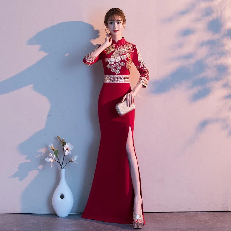 

Бордовое вечернее длинное платье Cheongsam в стиле ретро, облегающее платье, свадебное платье в китайском стиле, Ципао, женская одежда, Vestido XXXL