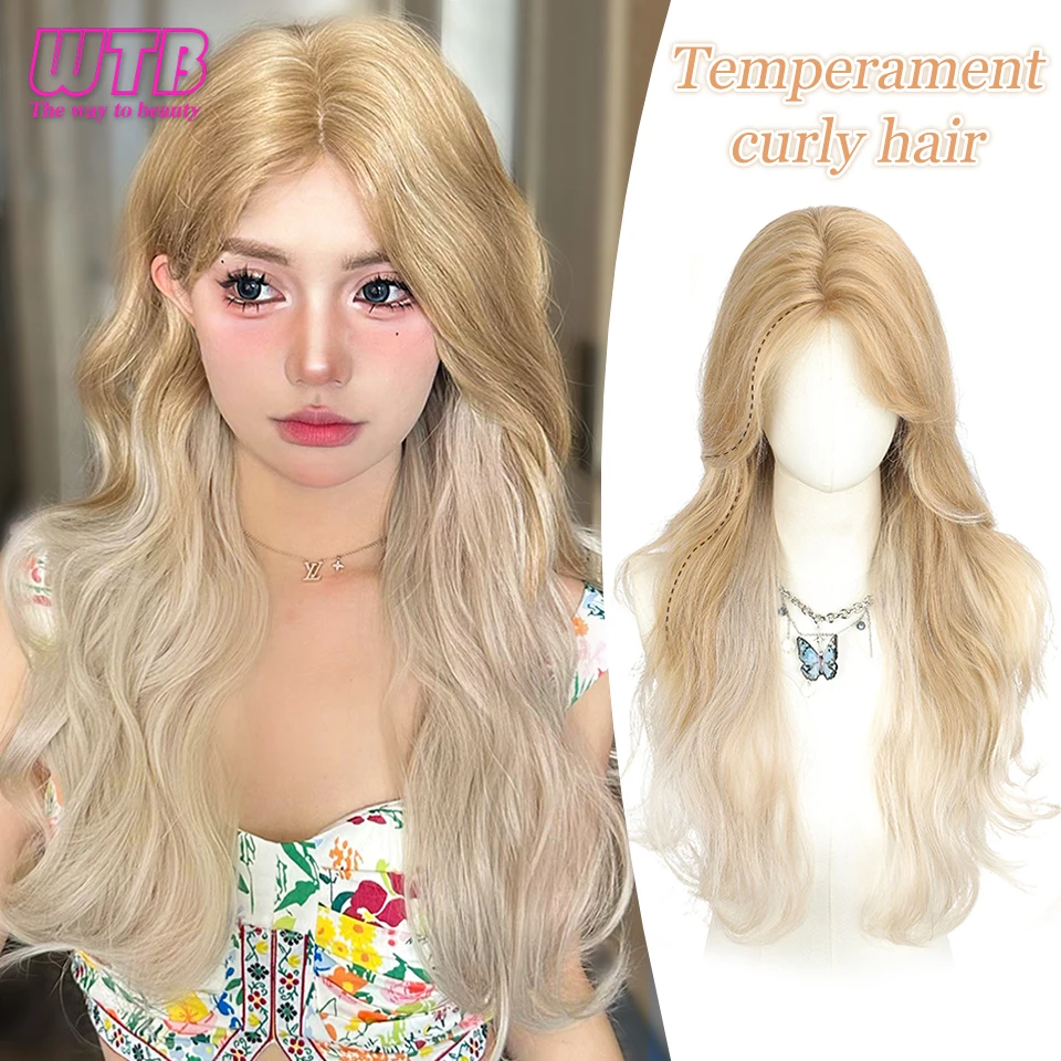 Perucas sintéticas com Franja para mulheres, ombre, leve, loira, longa, ondulada, cabelo encaracolado, peruca cosplay, alta temperatura, natural, cabelo falso