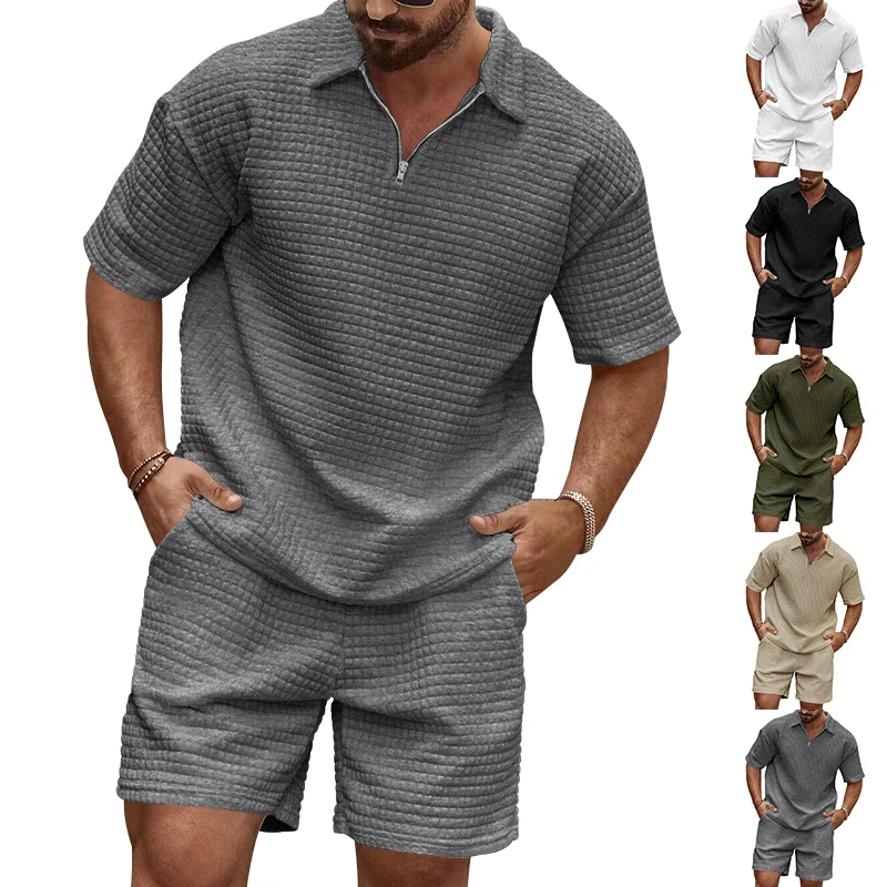 Men\'s solid color small checkered short-sleeved shorts set semi-cardigan zipper short-sleeved shirt suitable for summer leisure