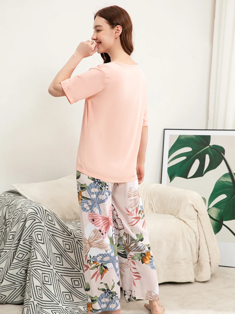 Plus Size S-XXXL Viscose Women Pajamas Set T-Shirt Wide Leg Pants Pijama Mujer Female Loose Suit Casual Home Wear Nightwear