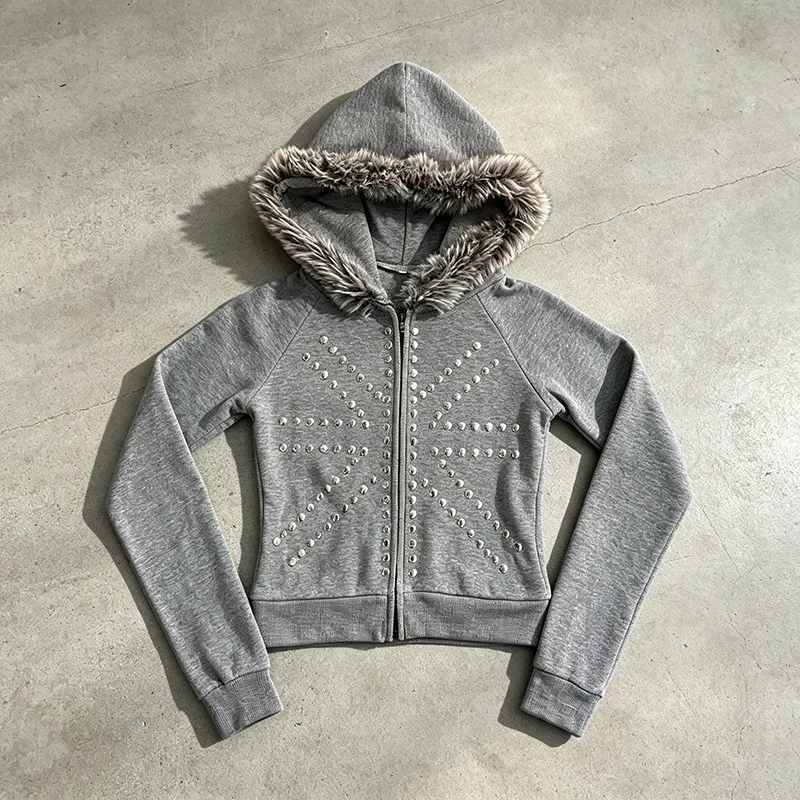 Women's Hooded Sweatshirt Zipper Fur Collar Short Long Sleeved Streetwear with Metal Diamond Decoration Star Pattern