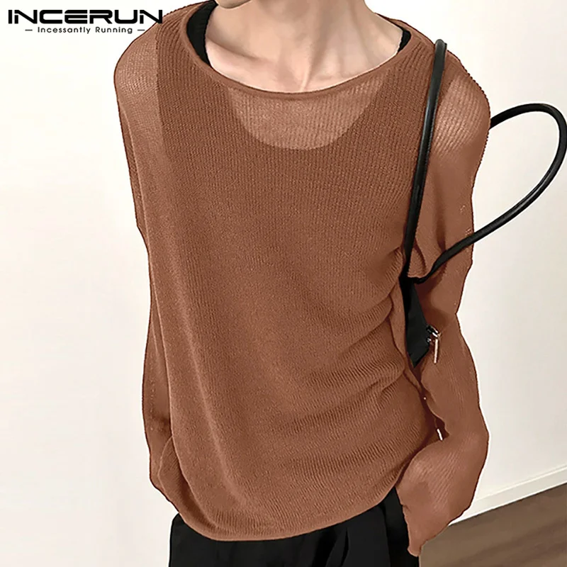 INCERUN Men T Shirt Solid Color Hollow Out Knitted Transparent Male Tee Tops Streetwear 2024 Loose Fashion Casual Men Clothing