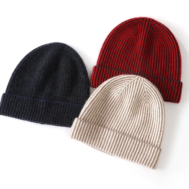 CAIXINGLE Unisex Stripe 100% Cashmere Beanies Winter Soft Warm Hat Hip Cap High Quality Knitted Beanie Hat Caps for Women Men