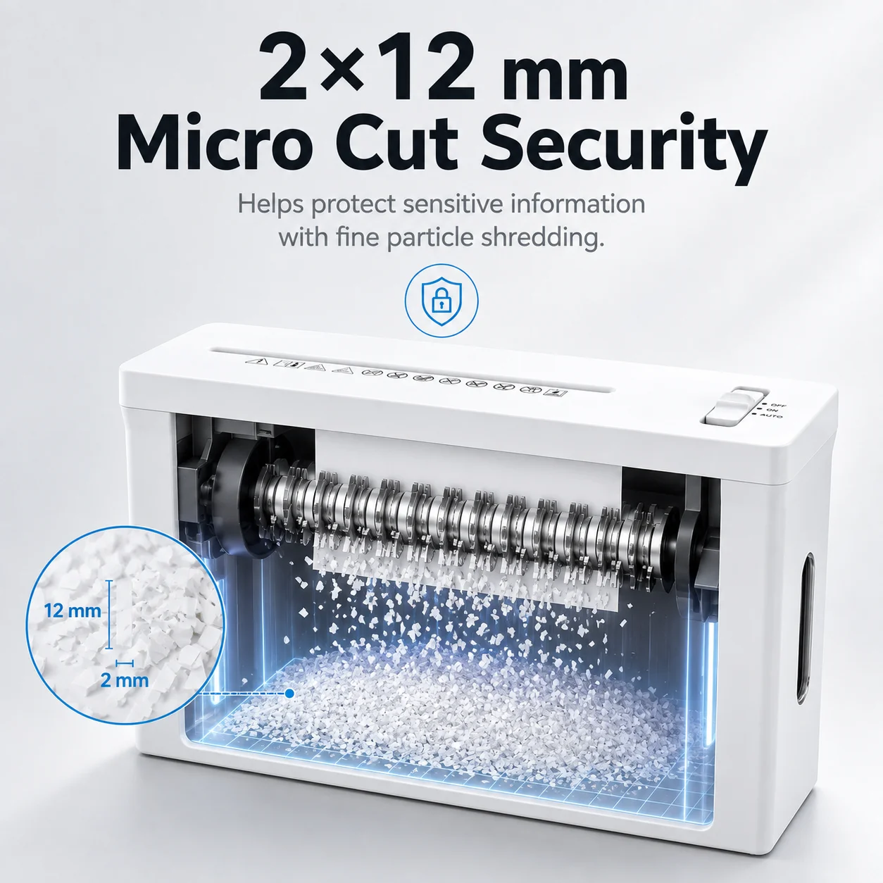 CS201C Micro Cut Paper Shredder 2-Sheet A4 2x12mm Auto Feed 4L Bin 10Min Run for Home Office
