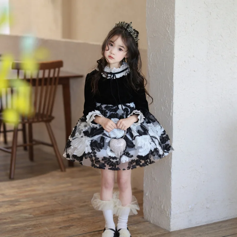 

Girls' Jacquard Mesh Puffy Dress2025Autumn and Winter New Girls Velvet Stitching Gauze Skirt Princess Dress Formal Dress