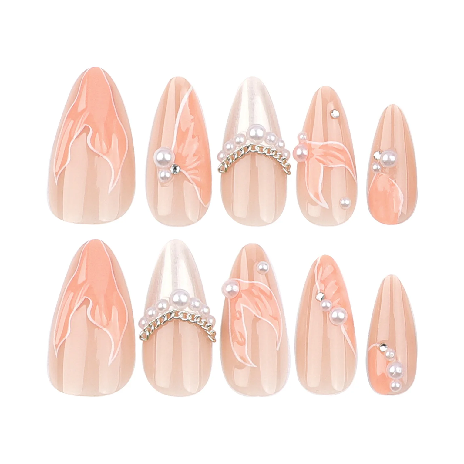 24pcs Long Almond Fake 3D Crystal Fishtail French Y2k Nails Press On Nails False Nails With Design Pearl Flash Diamond Finished