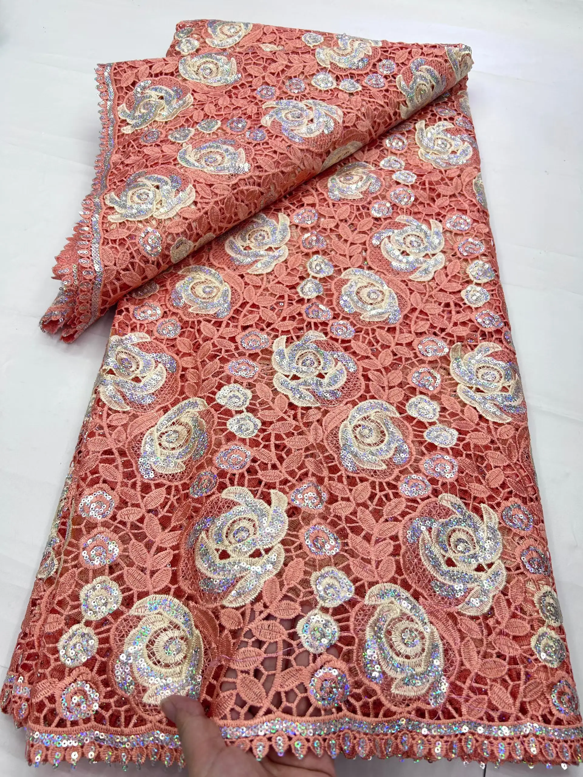 

Новое поступление, розовый африканский гипюровый шнур с блестками, кружевная ткань 2025, высокое качество, нигерийская водорастворимая кружевная ткань для вечеринки LHD25184