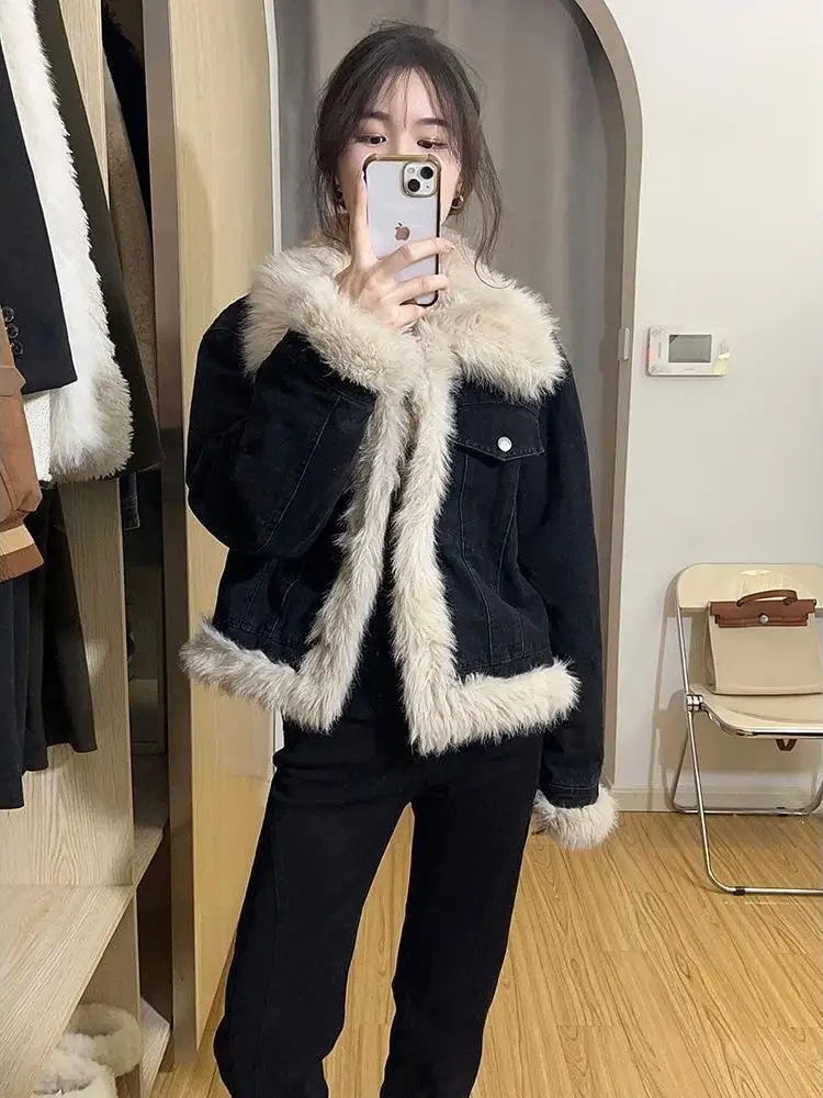 

Women's Black Denim Patchwork Plush Long Sleeve Jacket Winter Korean Style Vintage Versatile Cardigan Short Cotton Coat Thick