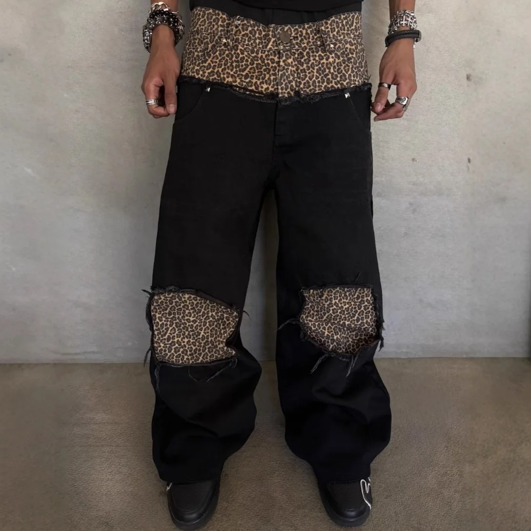 Retro Leopard Print Patchwork Perfora High Waist Straight Leg Jeans Unisex Comfortable Fit Four Seasons Casual High Quality