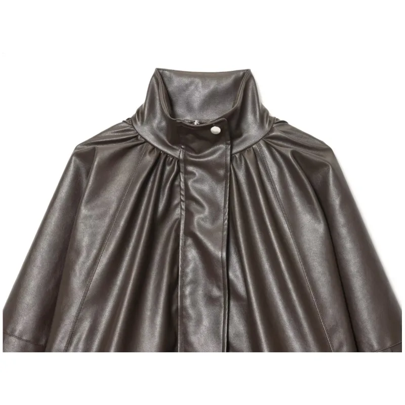 سترة جلدية نسائية موضة النمط الأوروبي بياقة عالية وأكمام طويلة معاطف نسائية مطوية قطع علوية أنيقة #3