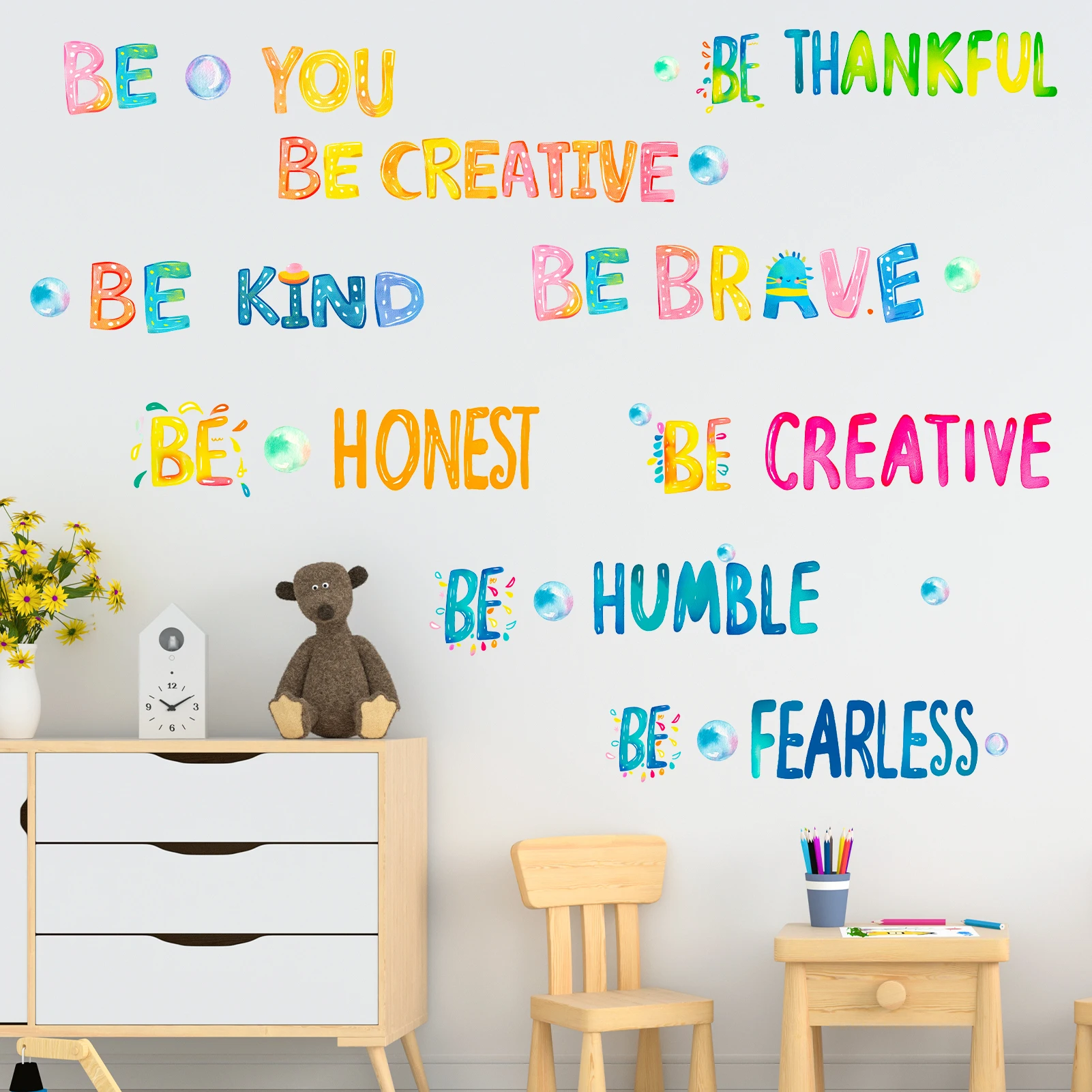 Rainbow Positive Words Wall Sticker Be You Be Kind Inspirational Quote Wall Decal Removable Decor for Office Bedroom Wall Art
