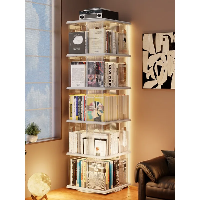 360° Rotating Bookshelf Corner Floor Standing Bookcase with Wheels,Adjustable Shelves, Space-Saving Wall-Mounted Storage Cabinet