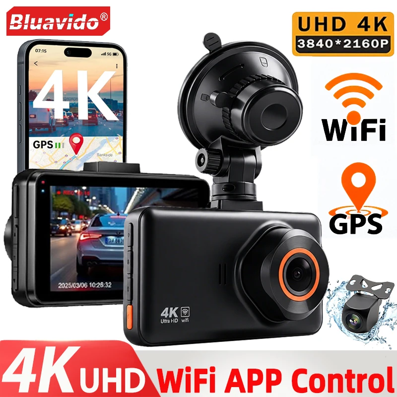 Bluavido 4K Ultra HD 3840*2160P Dash Cam WiFi GPS Logger IMX415 Car Video Recorder Dual Camera 1080P Night Vision Black Box