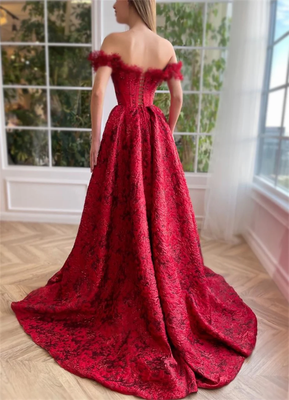 Luxury Red Off the Shoulder A-line Evening Dresses Women Long Printing Flower Corset Side Slit Backless Elegant Prom Dress 2024