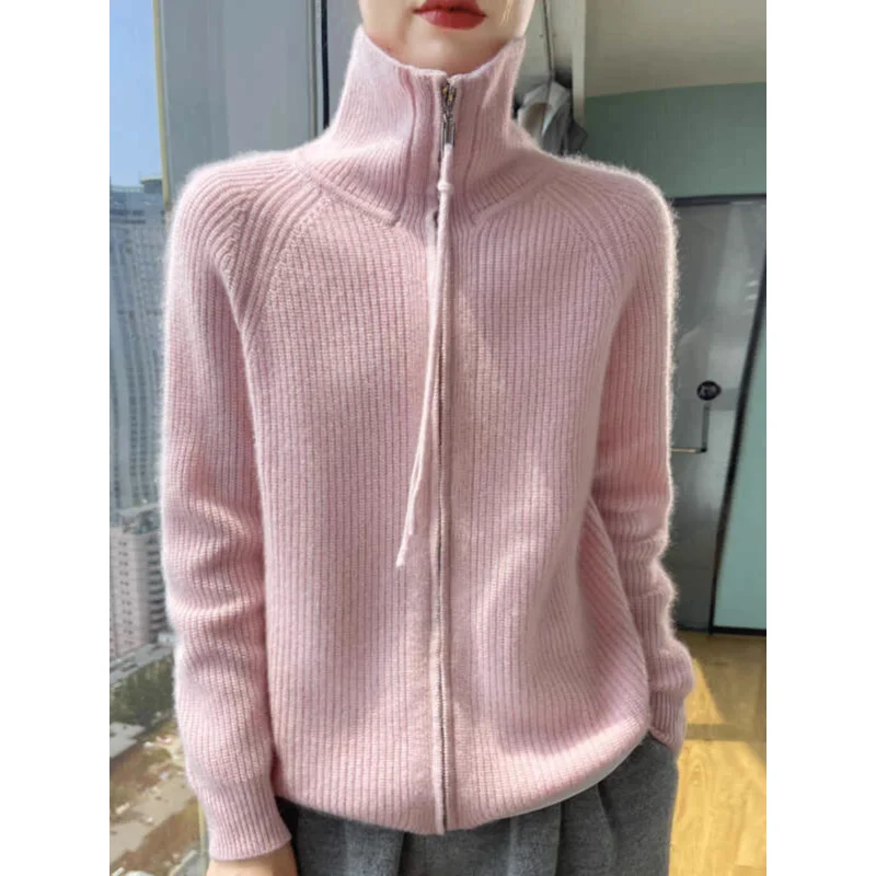 سترة نسائية 2025 سترات بسحاب للخريف والشتاء سميكة ودافئة وياقة مقلوبة سترة محبوكة كورية متينة #3