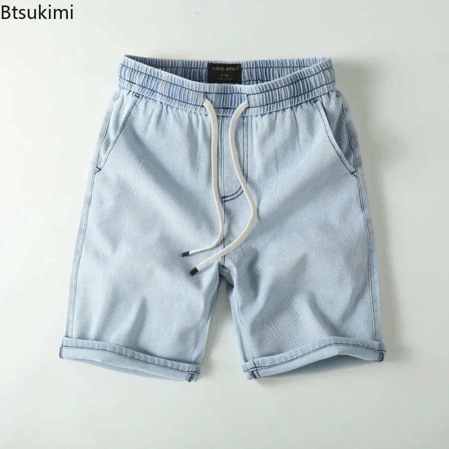 Shorts jeans folgados e finos, jeans curto e reto, elástico na cintura, cordão, 100% algodão, moda masculina casual, verão