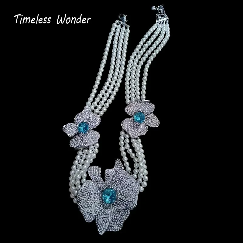Timeless Wonder Fancy Zircon Floral Glass Pearl Beaded Necklace for Women Designer Jewelry Goth Runway Trendy 4526