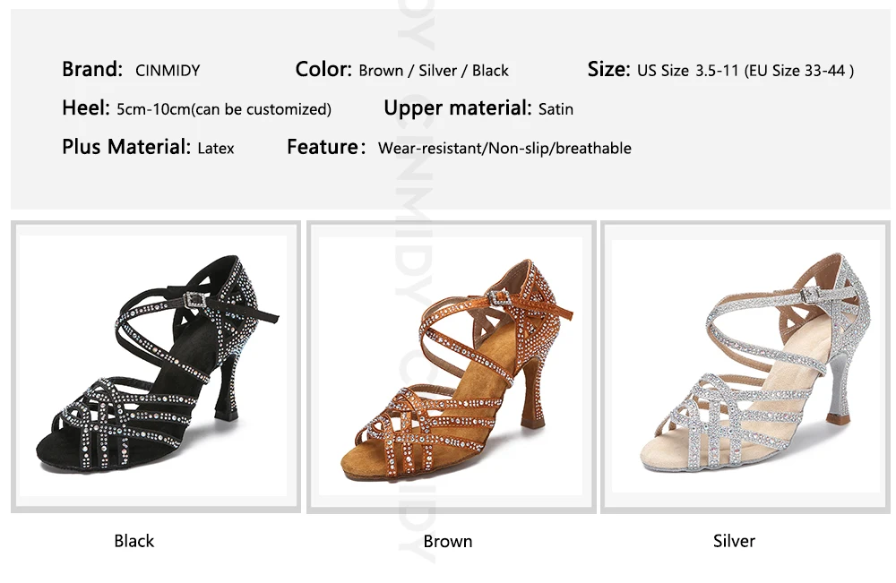 CINMIDY Latein-Tanzschuhe Kubanischer Absatz Salsa Ballroom Tanzschuhe Silber Strass Hochzeitsschuhe Damen Party Performance Schuhe – Detail 6