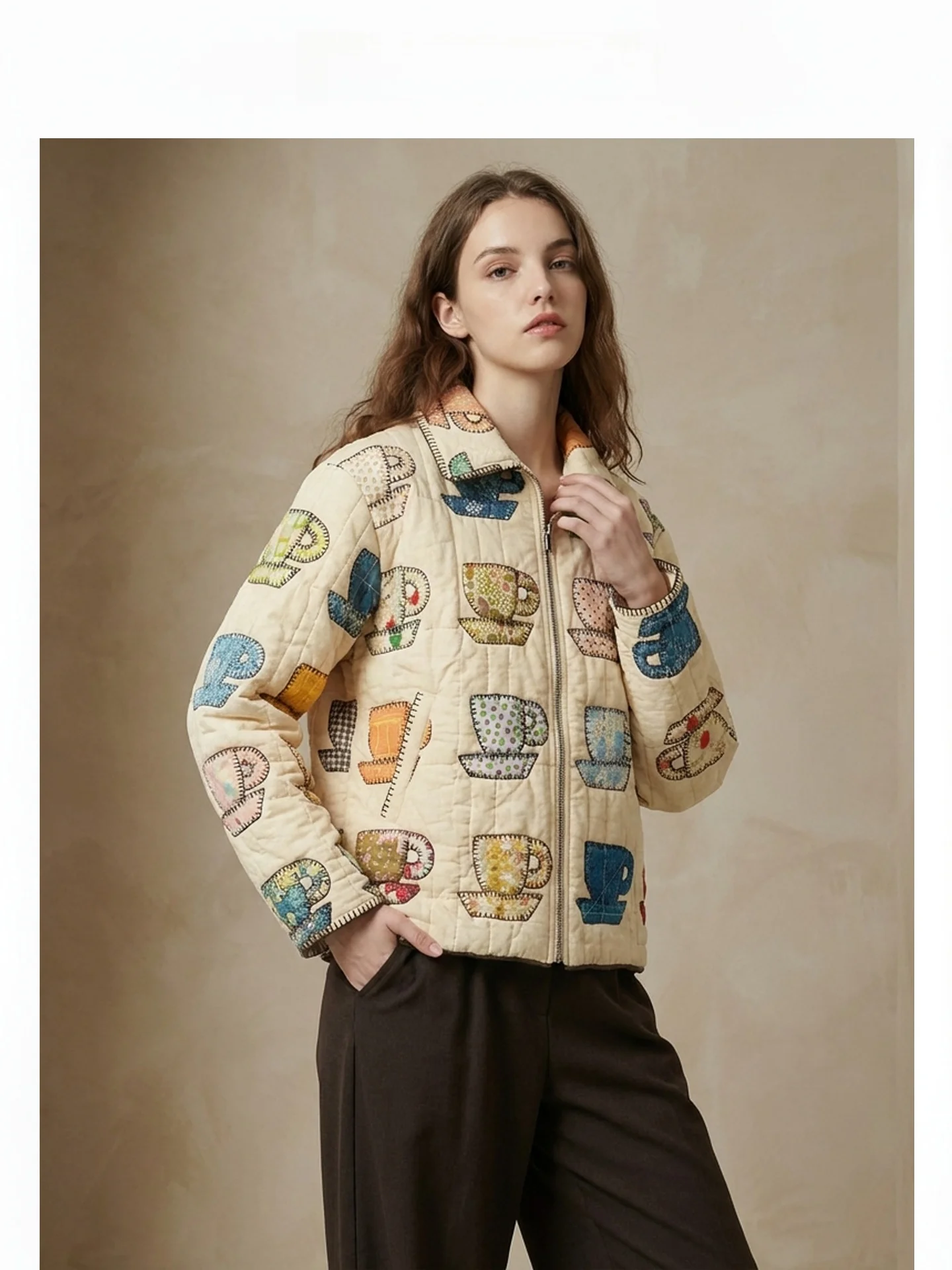 

Женская осенне-зимняя куртка ACOUSOTG из хлопка с вышивкой в стиле ретро-кофейной чашки, дизайнерская, утепленная, верхняя одежда