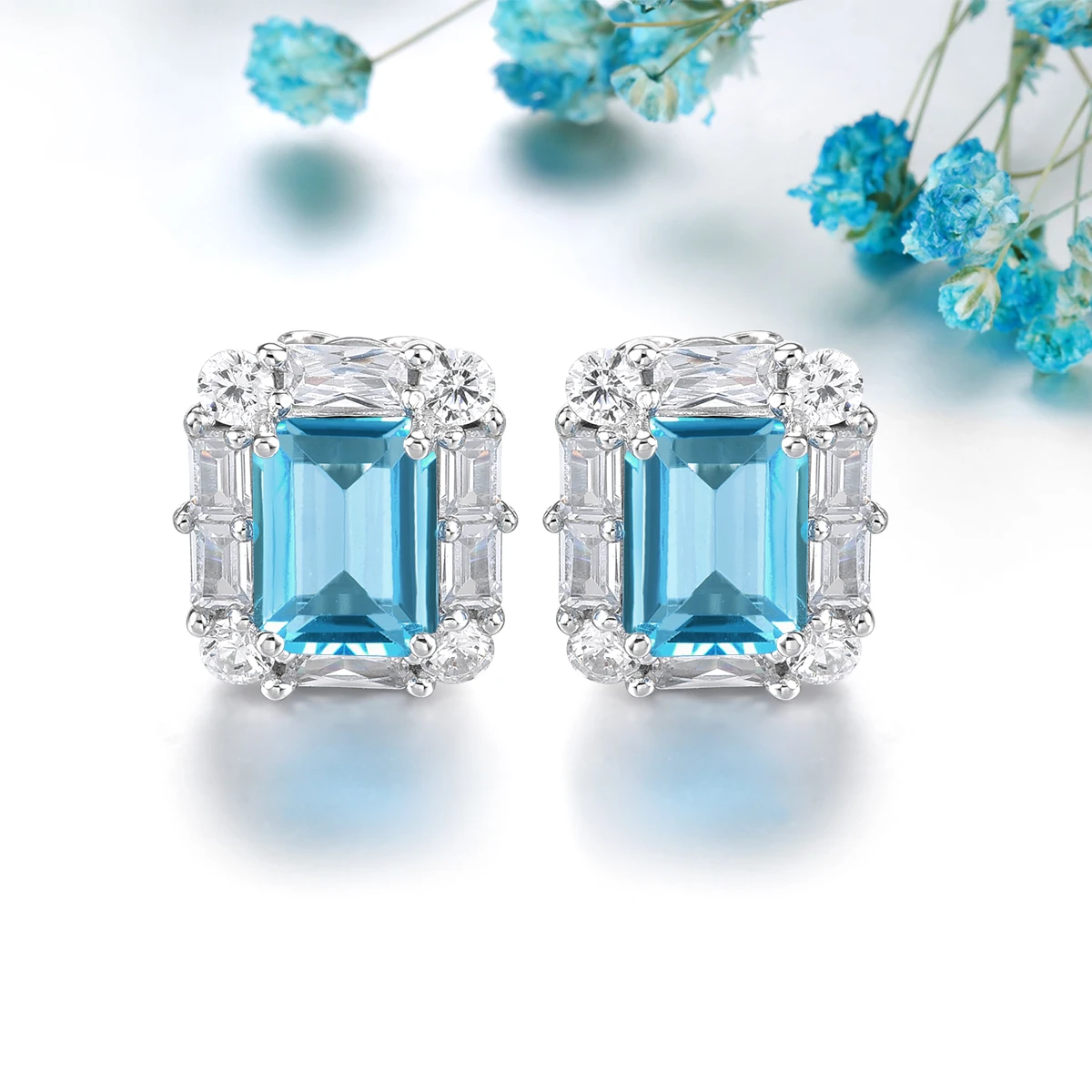 Natural Blue Topaz Sterling Silver Stud Earring 3.9 Carats Gemstone Women Classic Fine Jewelry Style S925 Birthday Gifts view 3