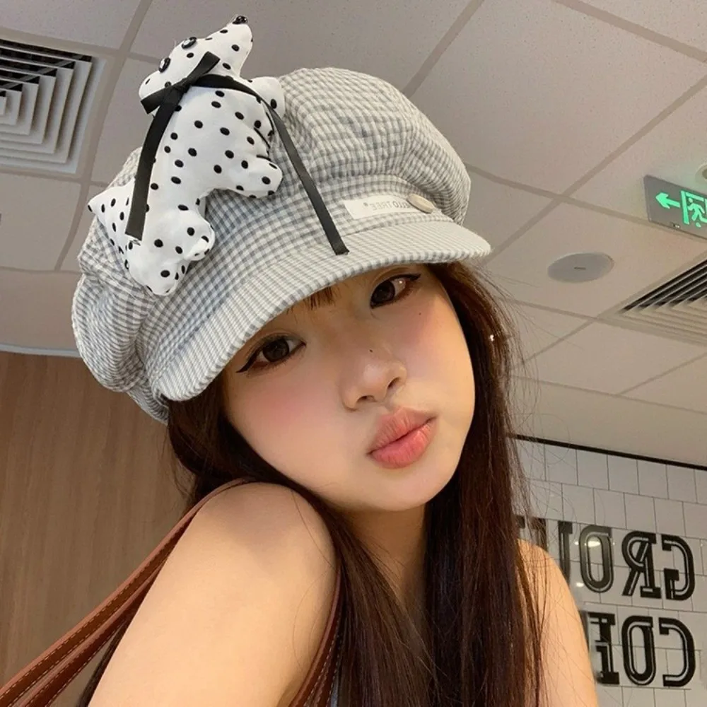 

Vintage Cute Puppy Cloud Berets Korean Plaid Octagonal Caps Y2k Sweet Painter Hat Women