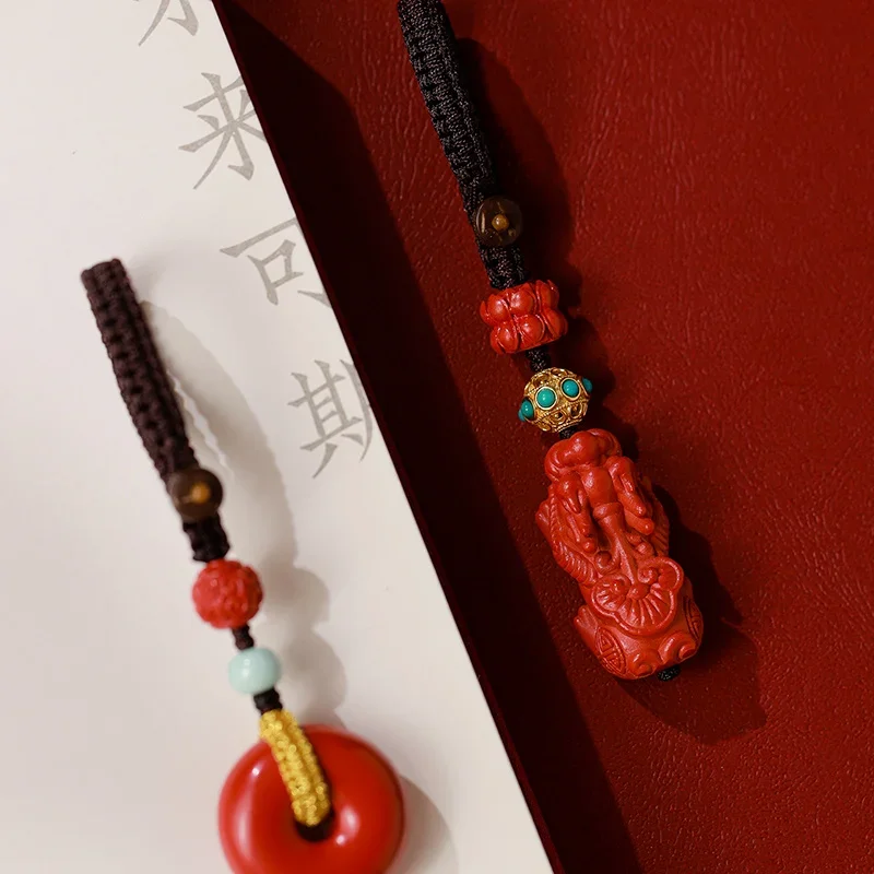 Natural Raw Ore High Content Cinnabar Red Sand Pendant Handmate Pixiu Ping An Buckle Benmingnian Car Keychain