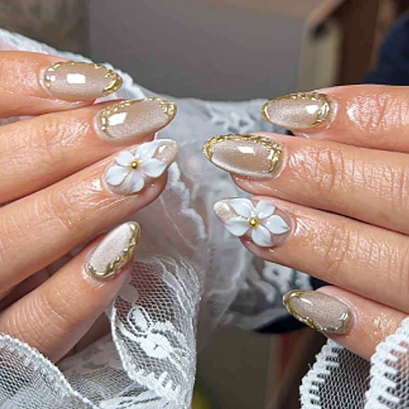 

24pcs Mid-length Almond Fake Nails 3D Flower Cat's Eye False Nails Press on Irregular Gilded Design Detachable Manicure Tips Art