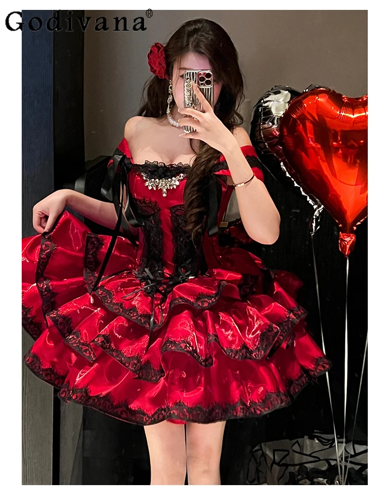 

Red Lolita Dress Lady Slim Fit Bow Lace Elegant Strapless Off- Shoulder Sexy Short Dress Princess Dress Spring and Summer 2025