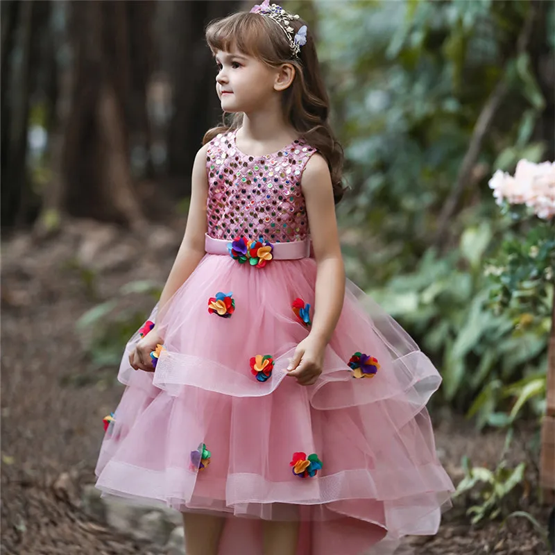 

4-12T Girls birthday princess Dresses host costumes in Kids tail Wedding party dress sleeveless children Performance clothing