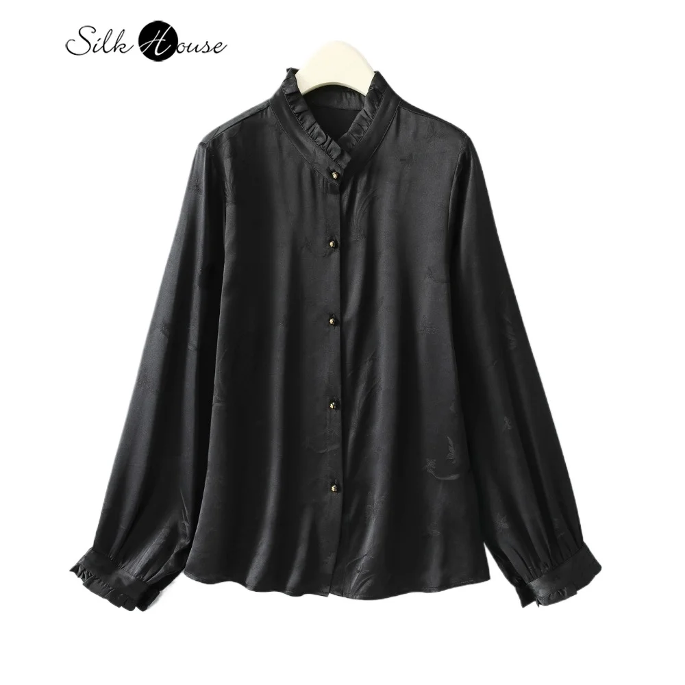 

Women's Autumn Fashion Clothing 30MM Heavy 100% Natural Mulberry Silk Jacquard Satin French Fungus Edge Stand Up Collar Shirt