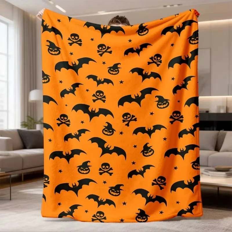 Orange Halloween Flannel Blanket Black Bat Skull Crossbone Fleece Blanket Soft Warm Cozy Throw Blankets For Bed Sofa Room Decor