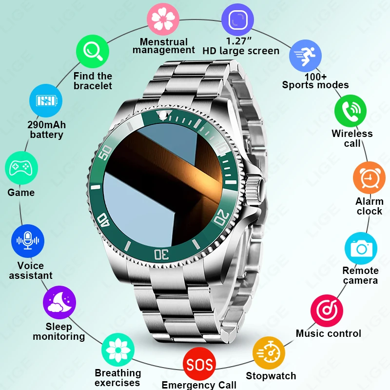 

LIGE 1.27" HD Screen Steel Smart Watch Men IP68 Waterproof Bluetooth Call Clock Sports Men's Watches Health Monitor Smartwatch