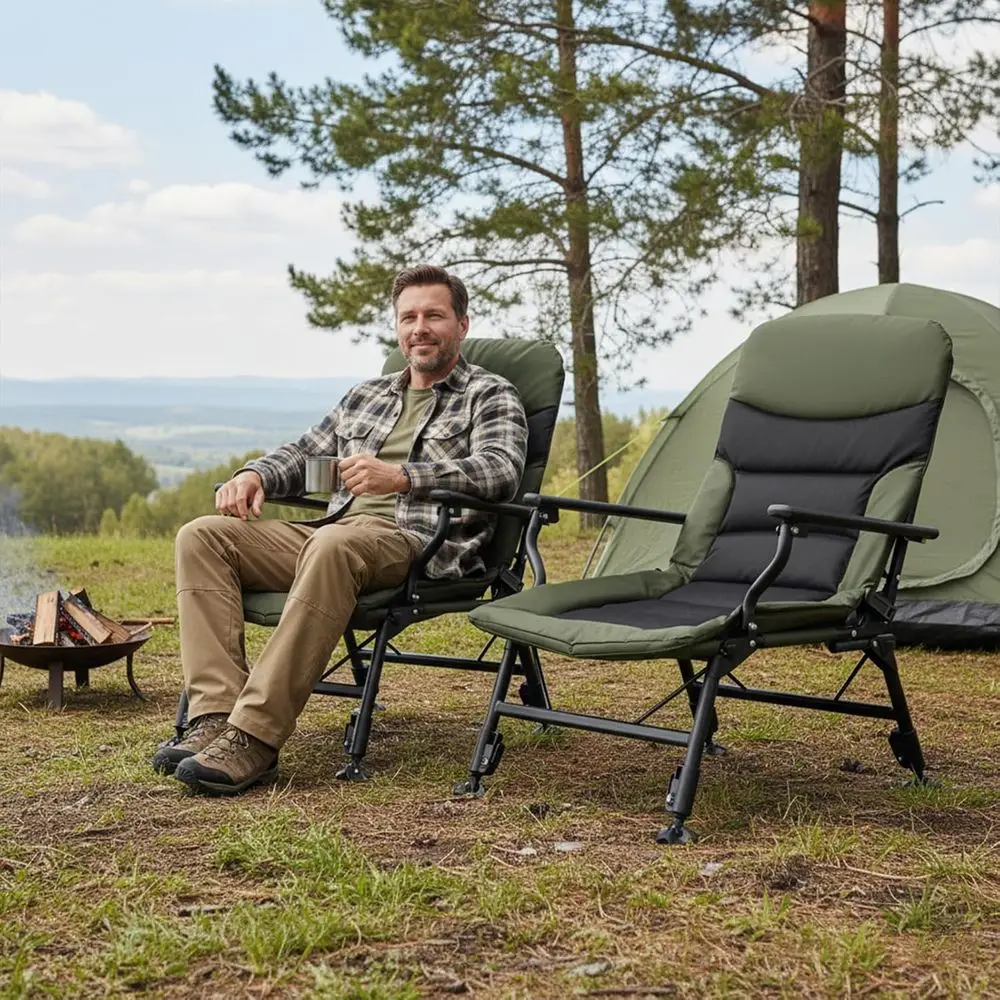 2-Pack Durable All-Terrain Padded High-Back Camping Chairs with Armrests, Adjustable Feet, Portable Recliner for Outdoor, Beach,