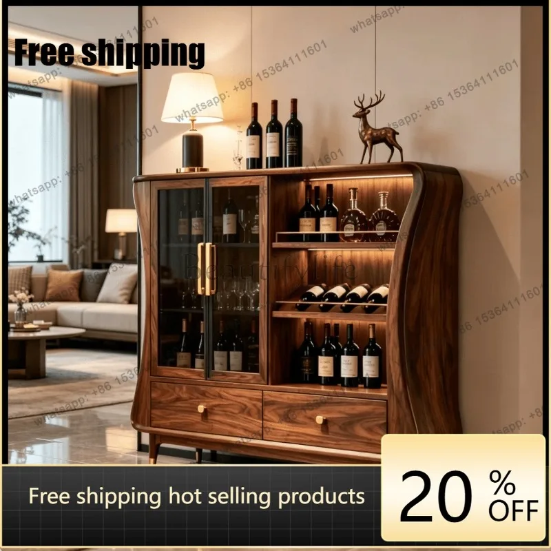 YJ North American Black Walnut Solid Wood Sideboard Minimalist Glass Display Wine Cabinet Wall Dining Storage Cabinet