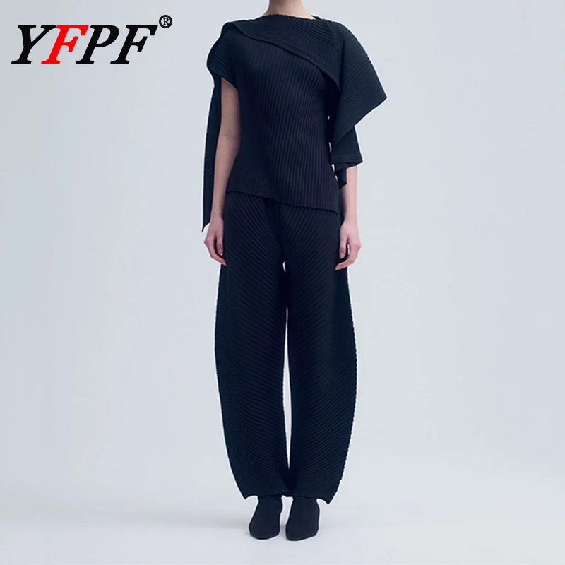 

YFPF Miyake Pleated Two Piece Set Women Fashion Irregular Patchwork Tops + High Waist Wide Leg Pants Casual 2025 New 3A483