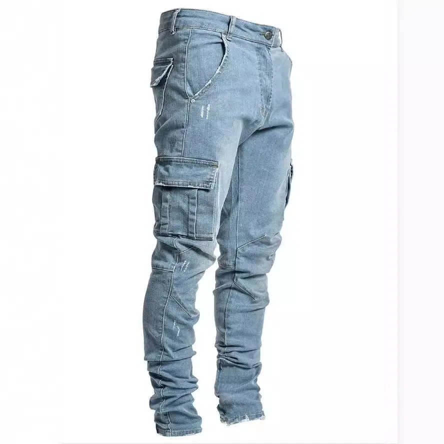 2024 European and American High Street Washed Jeans, Individualistic Men's Tight Tapered Denim Long Pants with Side Pockets.