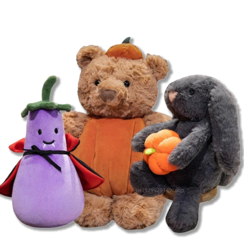 Creative Pumpkin Bear Plush Toys Soft Black Rabbit Hold Pumpkin Earphone &Cloak Eggplant Stuffed Doll Halloween Trick Or Treat