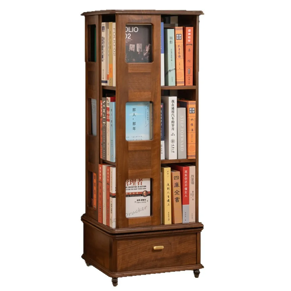 

Black walnut rotating bookshelf with wheels floor shelf living room study children's simple figure rack rotatable