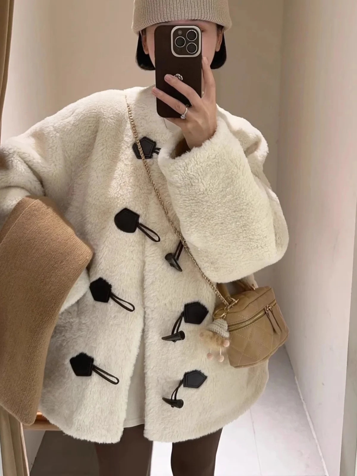 

ROUJE KEFSS Women's Lamb Fur Jaet Autumn Winter New Sle Inteated Leather And Fur Vest Ladies' Casual Outerwear
