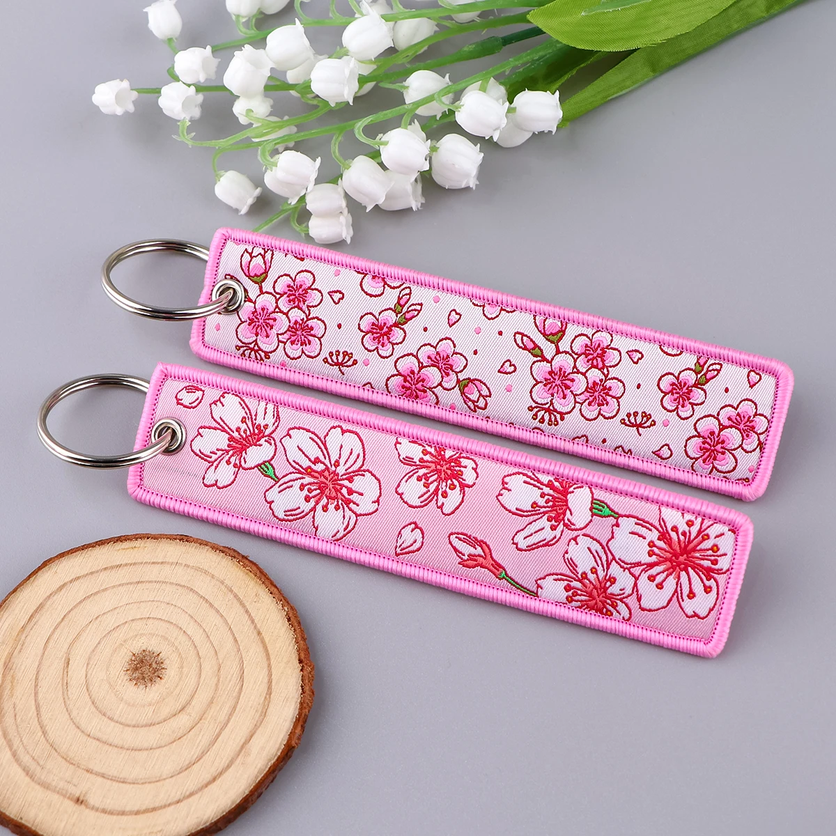 Japanese Cherry Blossoms Key Tag Anime Embroidery Keychains Cars Motorcycles Keychains Adorn Key Ring Accessories Gifts 1pc