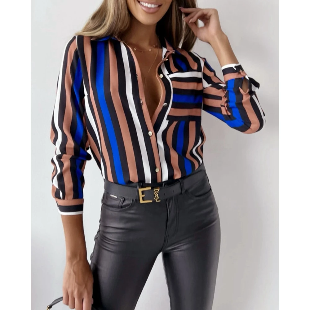 Striped Colorblock Turn-down Collar Long Sleeve Women Blouse Fashion Elegant Office Femme Casual Shirt Top Workwear Free Ship