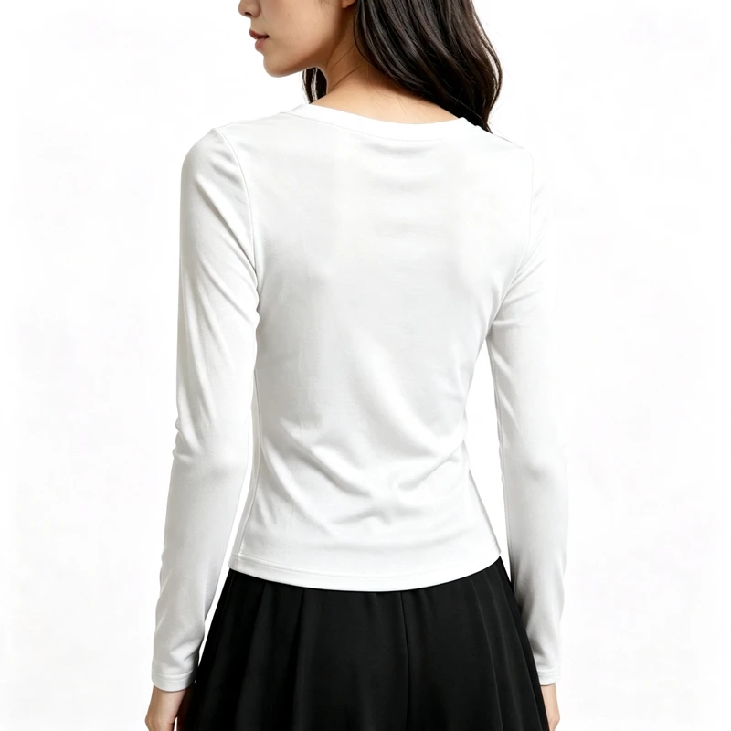 Damen Langarm V-Ausschnitt Slim Fit T-Shirt, Einfarbig, Weich, Dehnbar, Gestricktes Unterhemd, Casual Alltags-Unterwäsche für Frauen Q43 – Detail 8