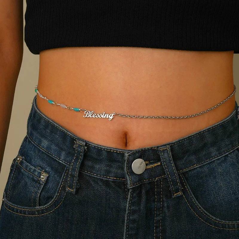 

2025 European and American personalized beaded letter waist chain fashion stainless steel English name body chain jewelry gift