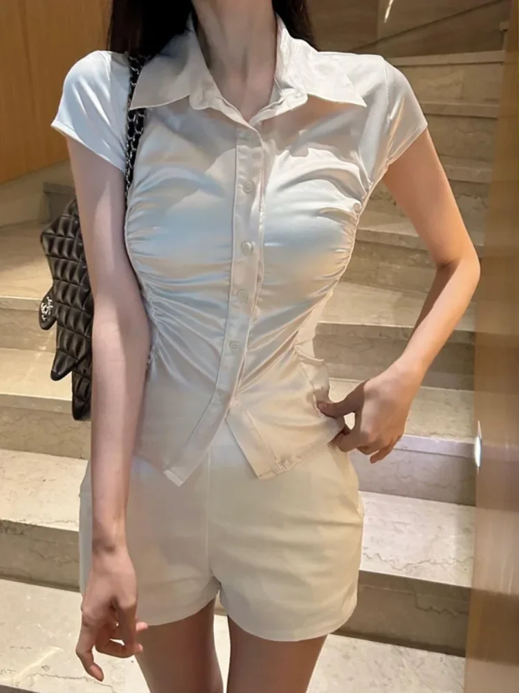 Kimotimo Sexy Satin Short Sleeve Shirt Women 2024 Summer Folds Slim Fit Crop Top Korean Temperament Lapel Single Breasted Blouse