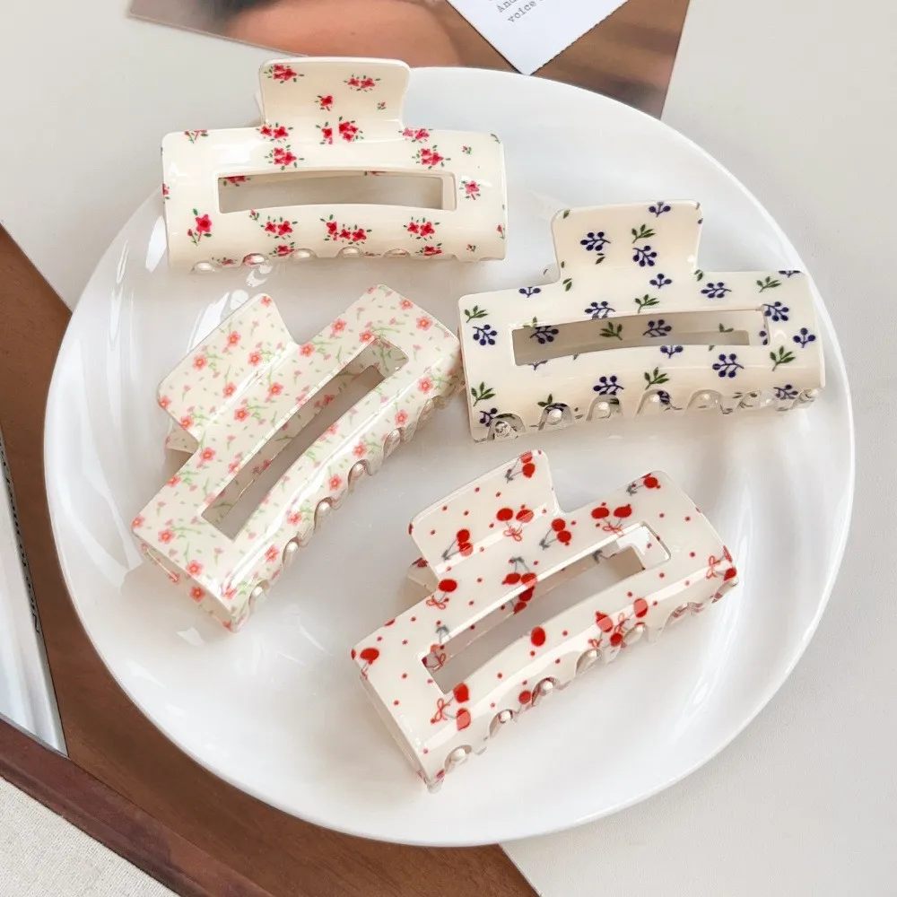 Acrylic Floral Rectangle Hollow Crab Hair Claw Clips Women PVC Large Shark Hair Barrettes Clamps Sweet Print Hair Accessories