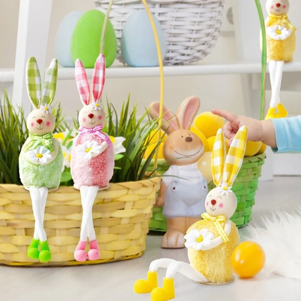 Cute Cartoon Easter Bunny Doll Long Leg Soft Plush Holding Flower Bunny Decorative Adorable Rabbit Doll Festive Celebration