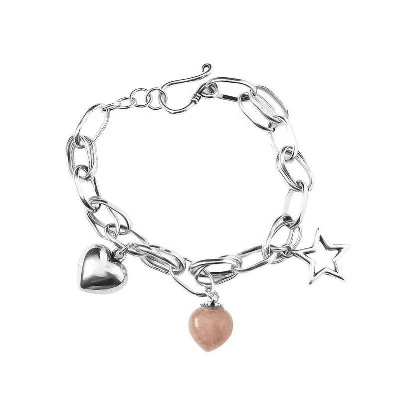 New Arrival Elegant Strawberry Quartz Love Heart & Star Thai Silver Female Charm Bracelet Wholesale Jewelry For Women No Fade